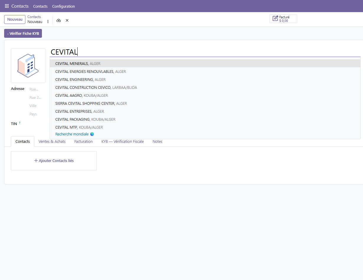 Auto-complétion en direct Odoo par raison sociale ou NIF