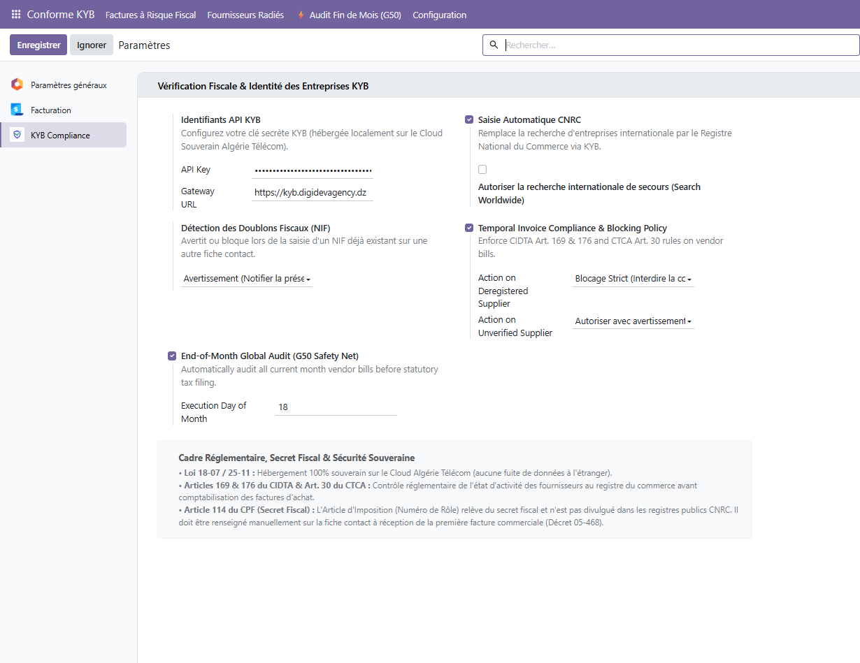 Écran de configuration du module KYB dans les paramètres Odoo